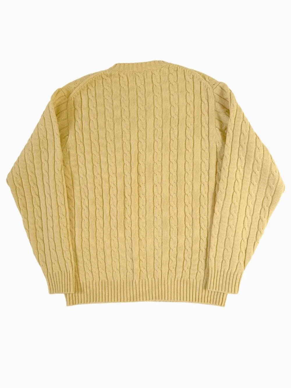 LL Bean Mens Lambswool Cable Knit Crewneck Sweater L Muted Yellow Preppy Classic